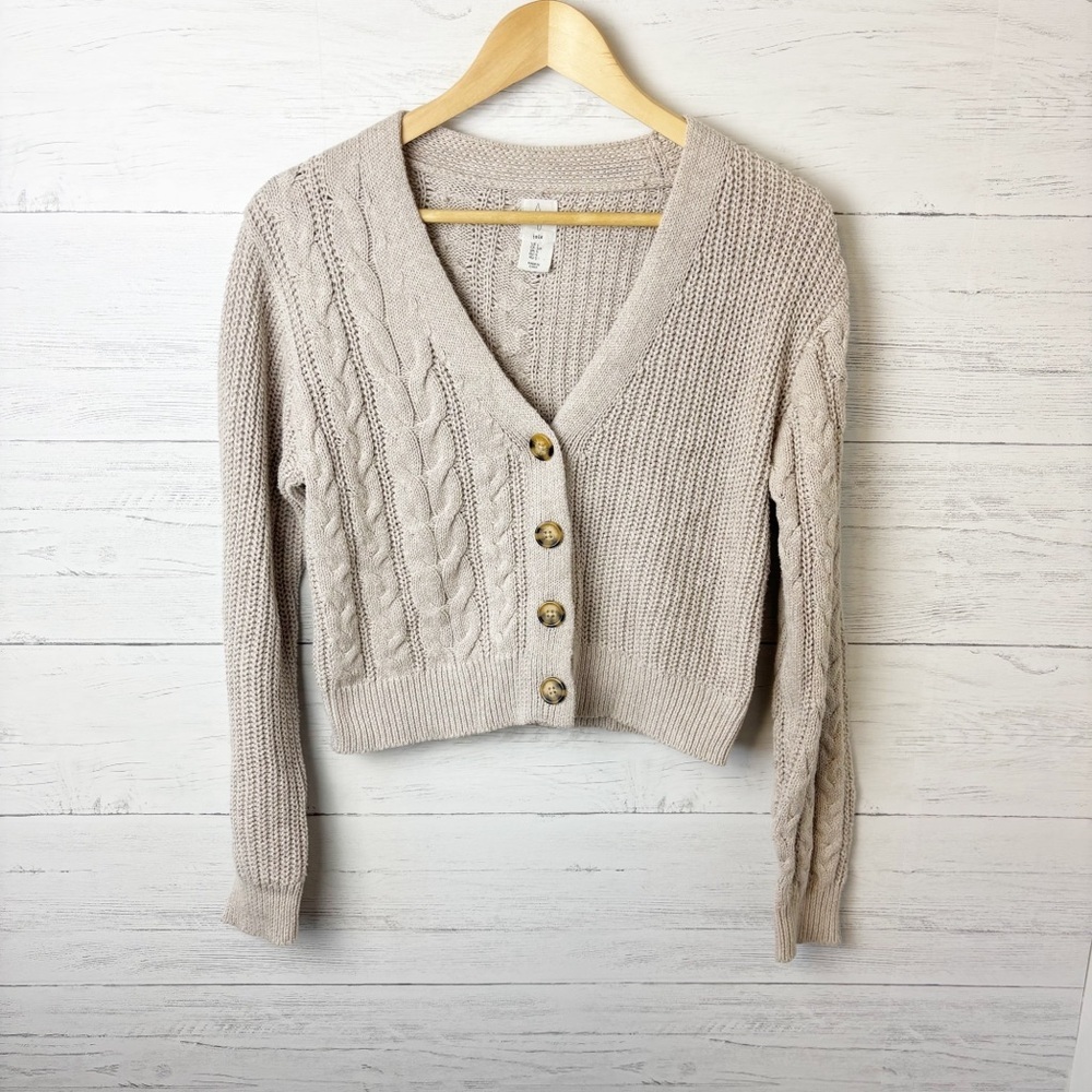 Joie Mixed Knit Cable Ribbed V Neck Cropped Cardigan Sweater Oatmeal Small